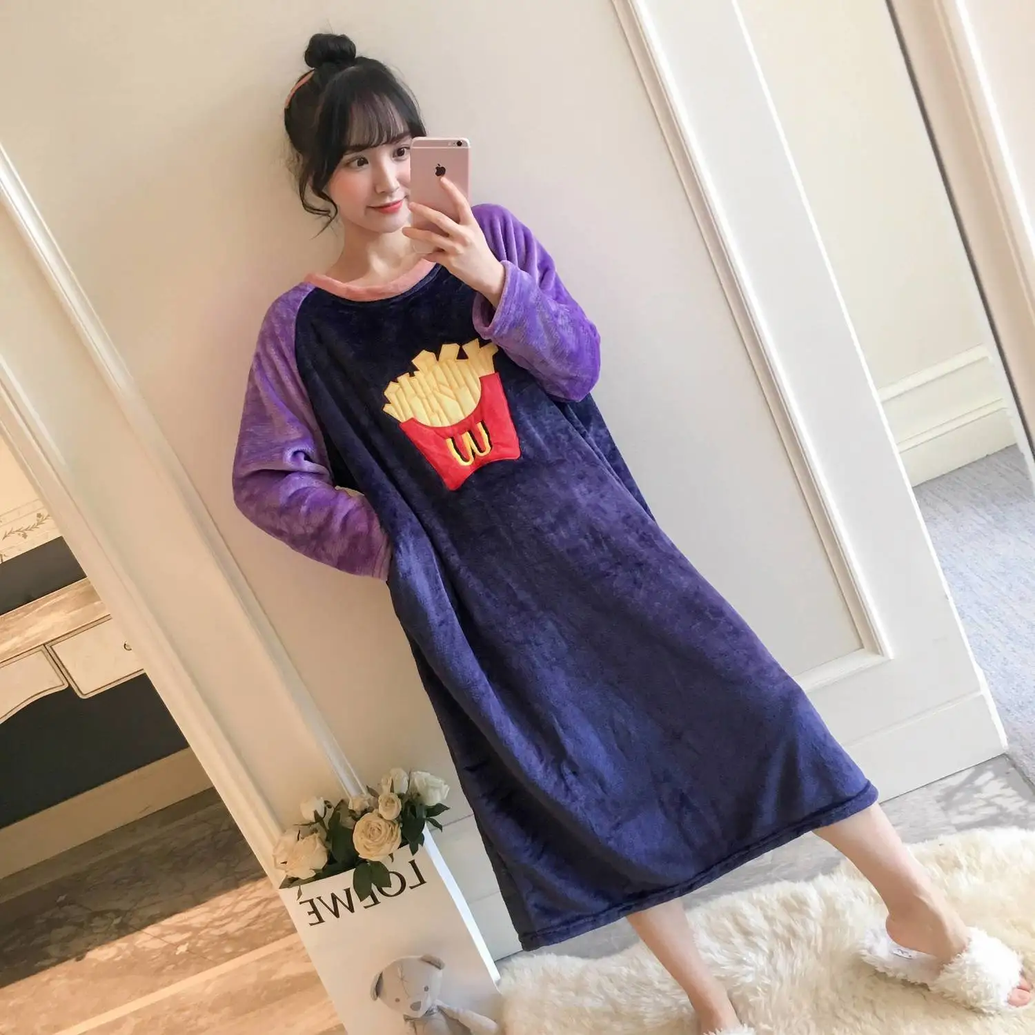 Pijama Femme Chaud Pijamale Desene Animate Cu Maneca Lunga Coral Fleece Cald Hamberger Chips-Uri Imprimate Homewear Confortabil Cămașă De Noapte