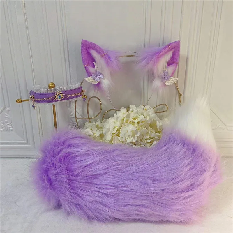 Manual Violet Negru Fox Neko Urechi de Păr Hoop Cercei Colier LOL Lolita Halloween Anime Cosplay Costum Accesorii