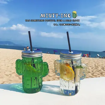 400ml Cactus Design Suc de Sticlă Elevii Creativ Portabil Bea Ceai Lapte Sticlă de Apă Cu un Pai