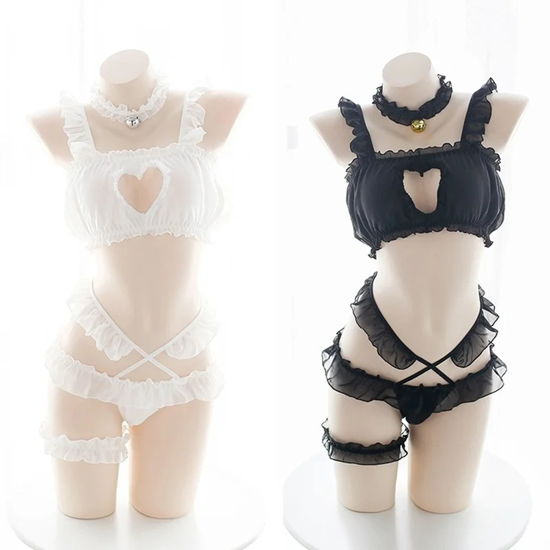 Picătură Navă Sexy Inima Gol Afară De Femei Set De Lenjerie Lolita Sutien Intimii Anime Cosplay Costum Transparent Lenjerie De Corp+Bell Gât