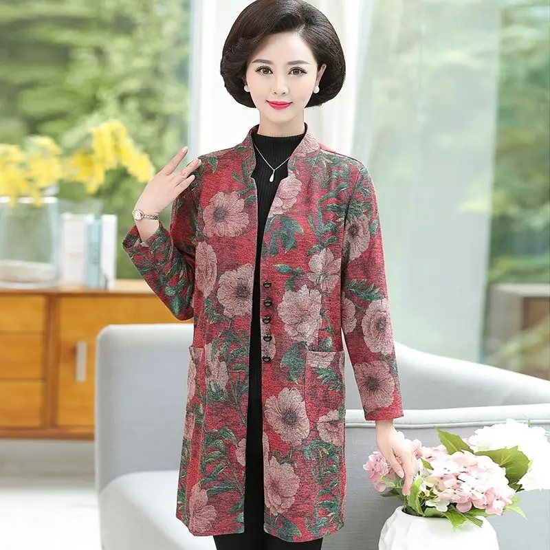 2020 Nouă Varsta de Mijloc de Primavara Toamna Femei Trenci ofițeresc Îmbrăcăminte exterioară Elegant Guler Mandarin, Flori de Imprimare Pieptul Singur Strat S155 1