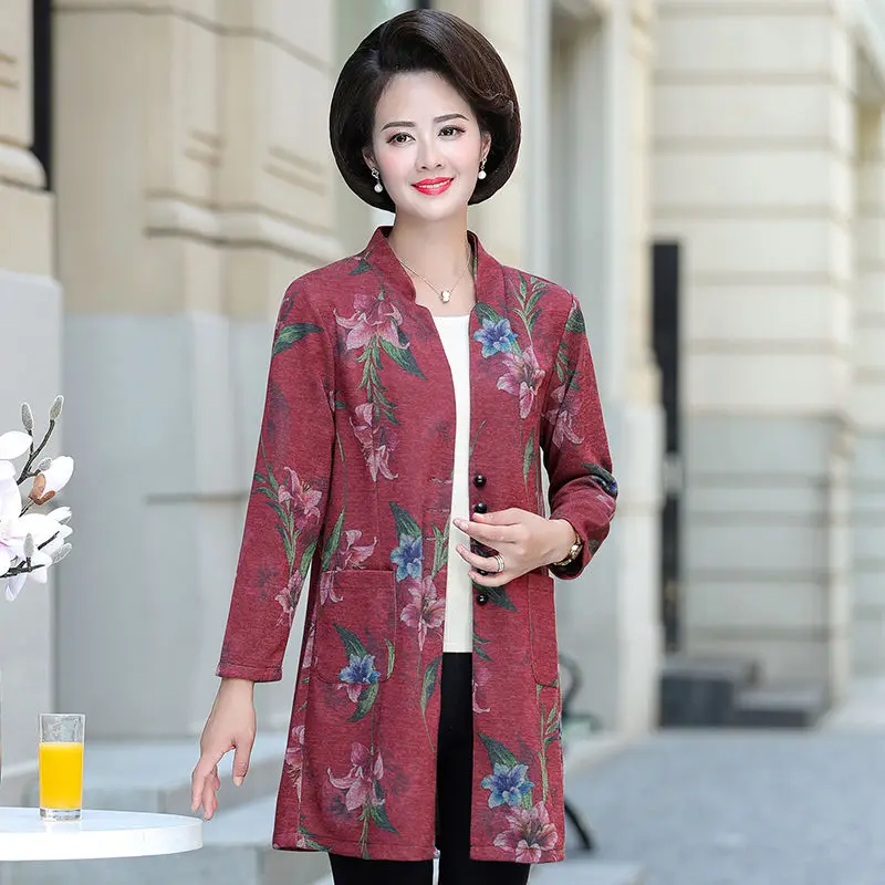 2020 Nouă Varsta de Mijloc de Primavara Toamna Femei Trenci ofițeresc Îmbrăcăminte exterioară Elegant Guler Mandarin, Flori de Imprimare Pieptul Singur Strat S155 4
