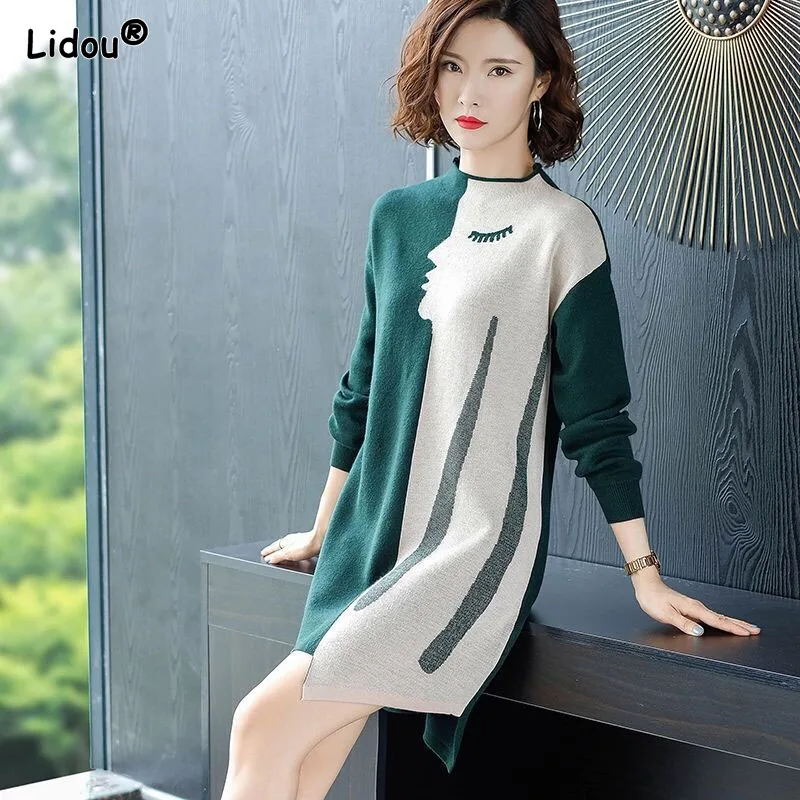 Culori contrastante Casual, O-Gât Genunchi-lungime de Îmbrăcăminte pentru Femei Luminoase Linie Decor Mozaic Liber Talie Rochii Toamna Iarna