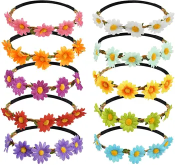 5 Bucati de Floarea-soarelui Coroana Benzi Elastice Multicolore Ghirlandă de Flori Bentita pentru Femei Fata de Daisy Boho Flori cu Bandă de susținere