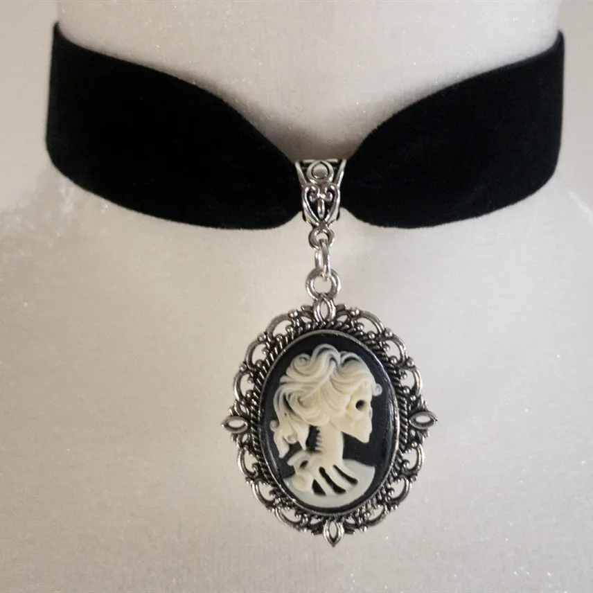 Gotic Craniu Regina Cameo Farmec Cravată Pentru Femei De Moda Vrăjitoare Accesorii Bijuterii Cadou Catifea Neagra, Cu Medalion De Curtea Colier Vintage 0