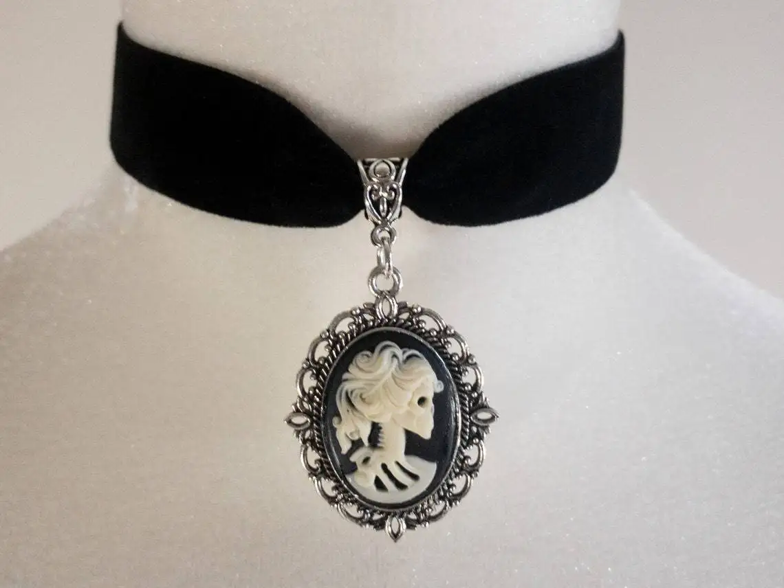 Gotic Craniu Regina Cameo Farmec Cravată Pentru Femei De Moda Vrăjitoare Accesorii Bijuterii Cadou Catifea Neagra, Cu Medalion De Curtea Colier Vintage 1