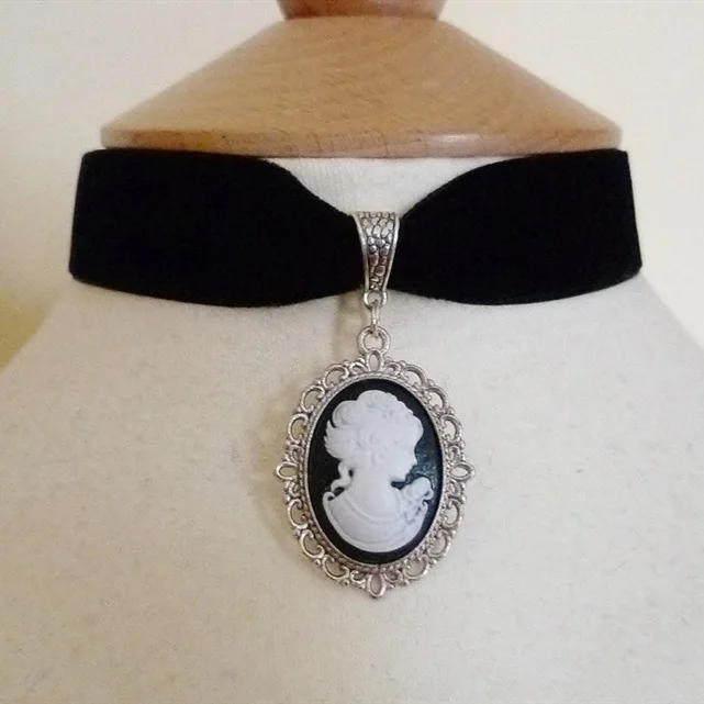 Gotic Craniu Regina Cameo Farmec Cravată Pentru Femei De Moda Vrăjitoare Accesorii Bijuterii Cadou Catifea Neagra, Cu Medalion De Curtea Colier Vintage 3