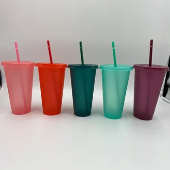 500/710ML Pahare de Plastic cu Capac si Pai de Creatie Glitter Reutilizabile Personalizate Cafea Paie Design Confortabil Cană