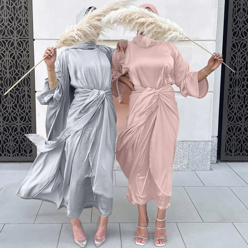 3 Bucăți Potrivite Musulman Seturi Eid Satin Abayas pentru Femei Dubai Hijab Rochie Deschide Abaya Kimono Islam Tinuta Folie Fata Fusta Maxi