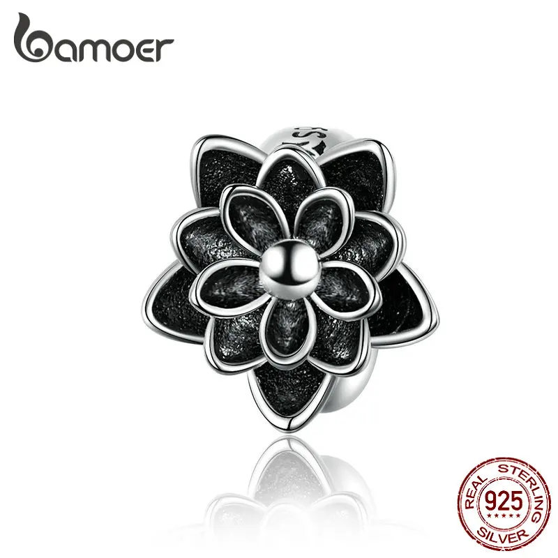 BAMOER Argint 925 Negru, Floare de Lotus Farmec compatibil pentru Original Șarpe Brățară Brățară Bijuterii de Luare SCC1196