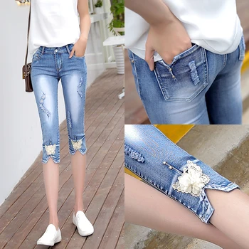 #5801 Elastic Slim Denim Vițel-Lungime Pantaloni Femeie Stil Coreean Blugi Femei Mijlocul Talie Cu Paiete Florale Imprimare Split Gaura Blugi Denim