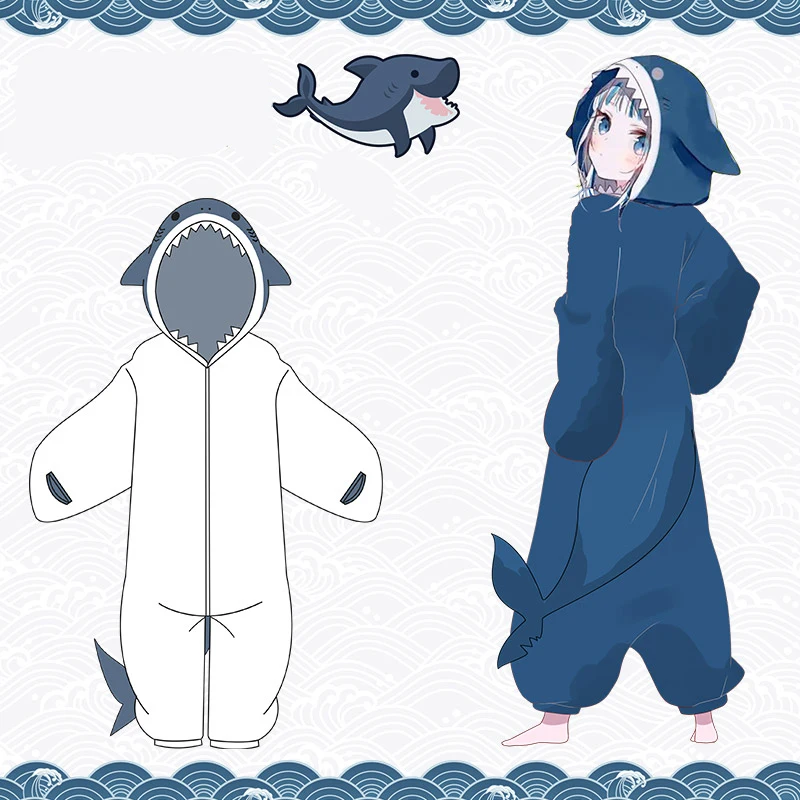 Anime Hololive VTuber Gawr Gura De Rechin Costume Cosplay Pijamale Pijamale Adulti Moale Flanel Cald Salopeta Unisex Cămașă De Noapte Costum