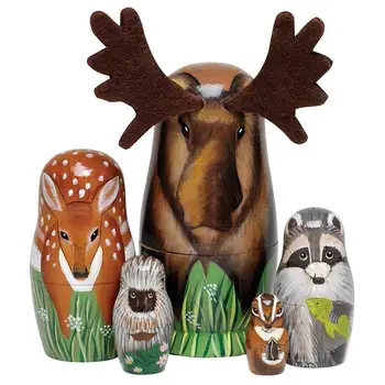 5Pcs/Set Mână din Lemn Pictat Păpuși Matrioșka Cerb Animale Figurine de Jucărie Masă Ornamente Jucarii Cadou Meserii