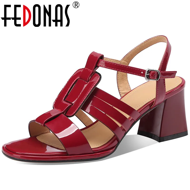 FEDONAS Femei din Piele de Brevet Sandale Gladiator Moda Roma Stil Țese Gros, Pantofi cu Toc Femeie Petrecere de Vara, Doamne de Birou Pompe