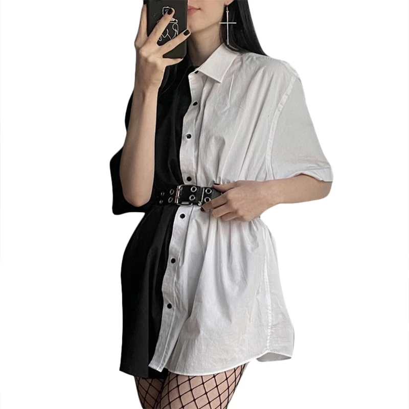 Femeile Întuneric Gotic Jumătate Maneca Rever Bluza Rochie Alb Negru Culoare Bloc Butonul De Jos Supradimensionate Liber Harajuku Tunica Topuri