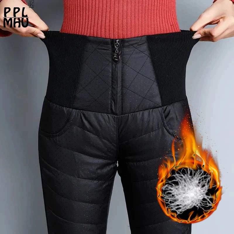 Iarna Întindere Laterală Rață Jos Pantaloni De Bumbac Pentru Femei Talie Mare Supradimensionat Skinny Pantaloni Negru Cu Fermoar Vânt Zăpadă Cald Pantaloni