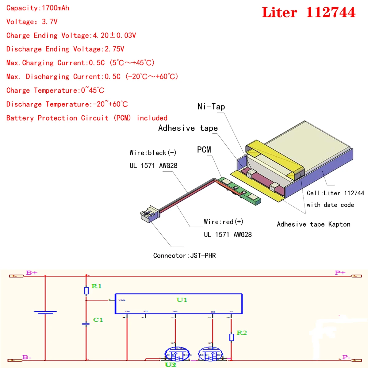JST XHR 2.0 mm 2pin 3.7 V 1700mah 112744 Litiu-Polimer LiPo Baterie Reîncărcabilă Pentru Mp3 Mp4 Mp5 DIY 2