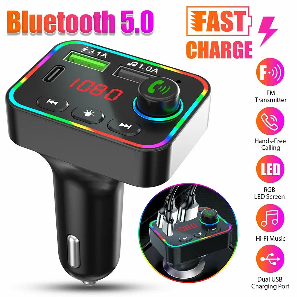 Usb Auto Bluetooth5.0 Incarcator Transmitator Fm MP3 Player-U Disk/TF Card F4 Atmosferă plină de culoare a Lămpii de Receptor Audio Kit Hands-free 5
