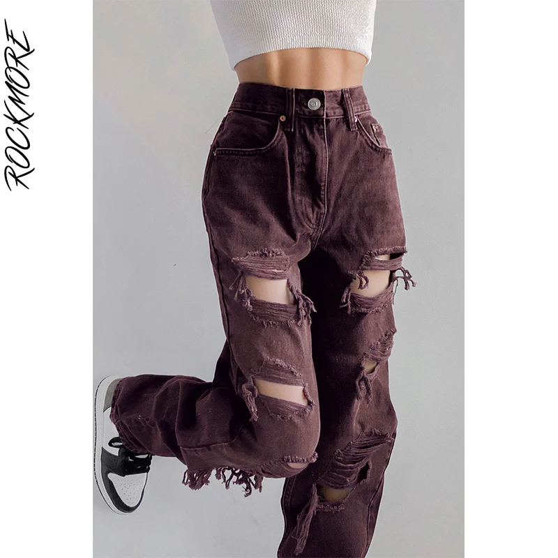 Rockmore Rupt blugi Talie Inalta Femei Gaura Pantaloni Drepte Streetwear Hip Hop Largi de Marfă Pantaloni din Denim 90 de Epocă Fund 4