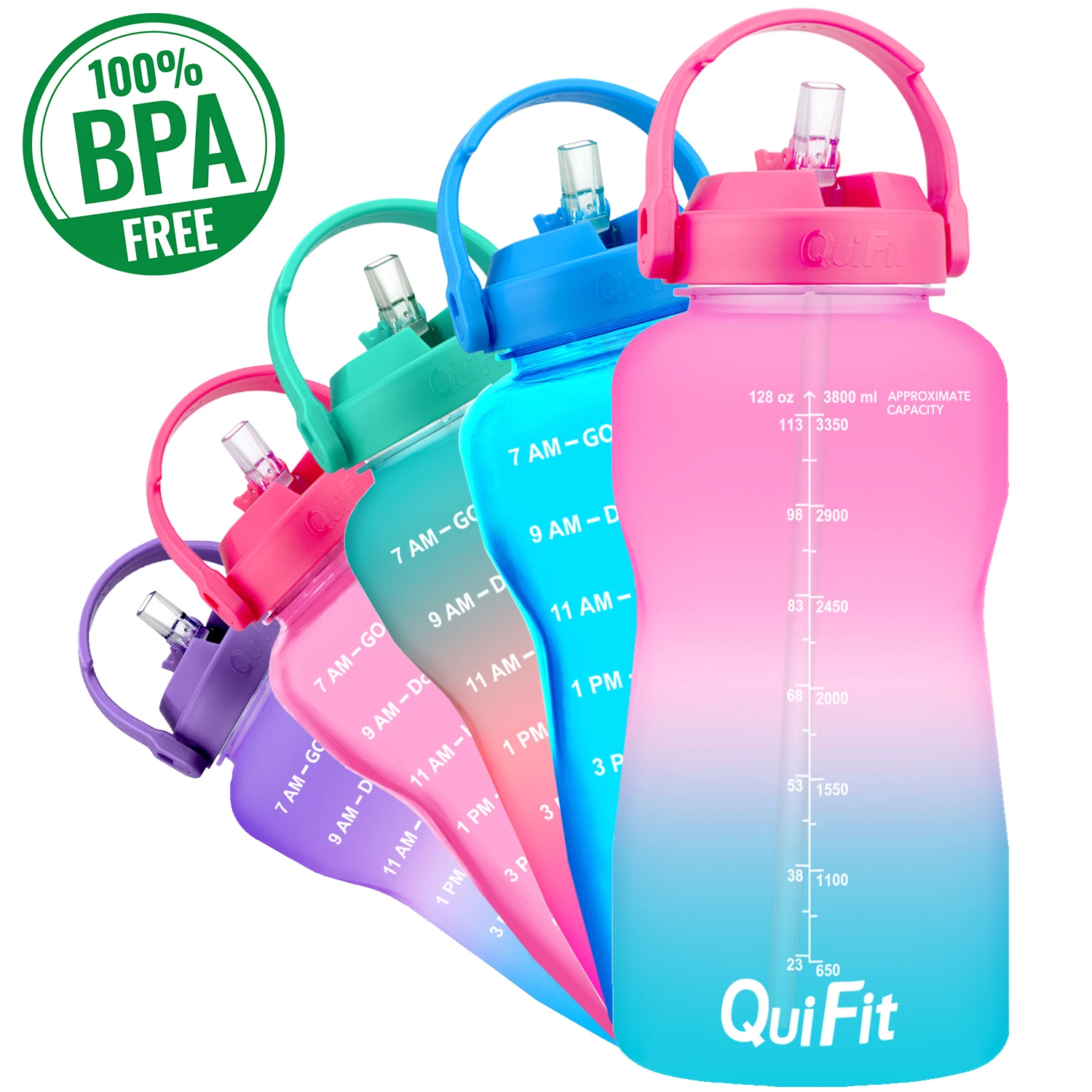 QuiFit 3.8 L 2L Gura Largă Galon Tritan Sticla de Apa Cu Paie & Timp Marcaje BPA Free Portabil de Sport sală de GIMNASTICĂ Ulcior Suport Mobil