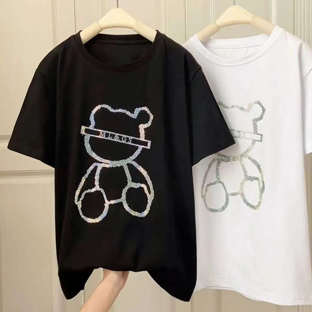 Grele Stras Moda cu Maneci Scurte T-shirt Femei 2022 Noi de Vara-coreean Ursul Desene animate cu Margele Vrac Mid-Lungime Tricou de culoare Roz, partea de Sus 2