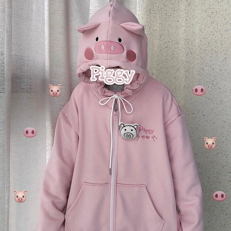 Kawaii Hanorace Dulce Drăguț De Porc Femei De Moda De Iarnă Roz Zip Până Hoodies Supradimensionat Maneca Lunga Topuri Drăguț Tricou Femei Catifea