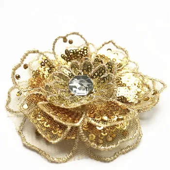 8CM Broderie 3D de Aur Cap de Floare Coase Pe Patch Sequin Plasă de Dantelă de Ornamente Multistrat articole de Pasmanterie, Pentru Nunta Rochie de Aplicatii