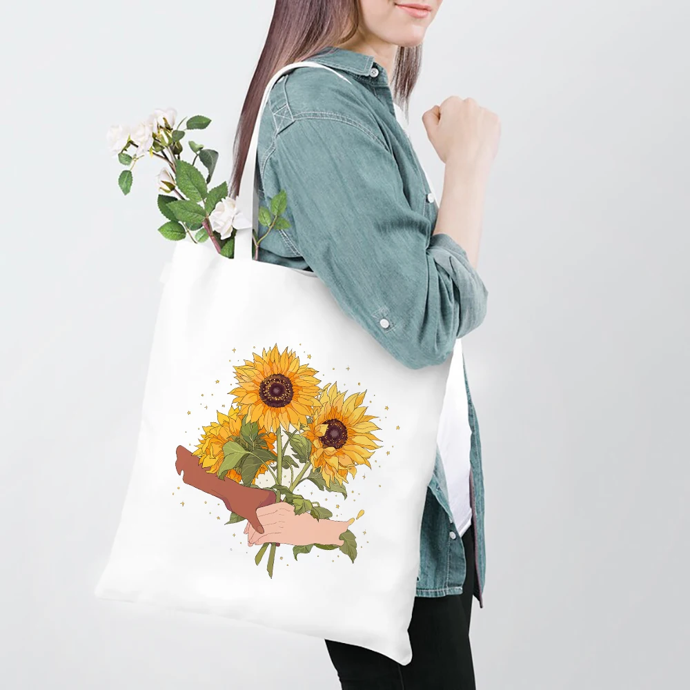 Femeile Imprimare Panza Saci De Umăr Alb Daisy Floarea-Soarelui Doamnelor Florale De Călătorie De Cumpărături Tote Geantă De Mână Sac De Fete Cărți Sac De Depozitare 3
