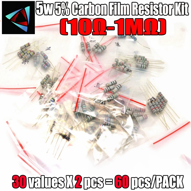 60PCS/LOT 5W 5% 10R-1M 30Values*2 buc Peliculă de Carbon Rezistor Frecvent Kituri de Oxid de Metal