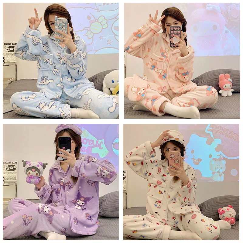 Sanrio Hellokittys Desene Animate, Pijamaua Mea Melodie Kuromi Anime Kawaii Îngroșat Cuplu Rochie De Fată Drăguță De Iarnă Coral Catifea Pijamale