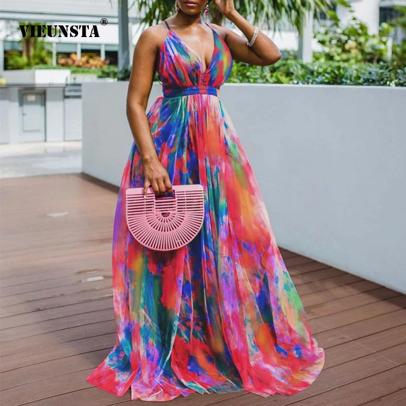 Vestido 2022 Moda De Vara Adânc V Gâtului Fara Spate Sexy De Culoare Sling Femei Rochie Eleganta Slim Cu Fermoar Tie Dye Print Rochie Lunga Boho