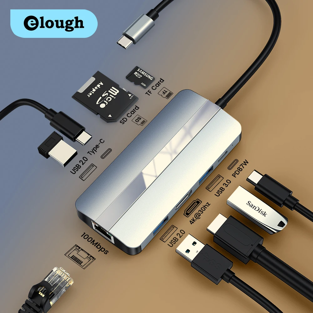 Elough C HUB USB Tip C la HDMI compatibil cu USB 3.0 Adaptor 9 8 în 1 de Tip C HUB 4K 60Hz Dock pentru MacBook Pro de Aer USB C Splitter