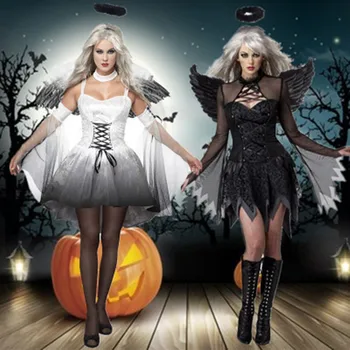 Alb Negru Înger Căzut cu Aureola si Aripi Seturi Fantezie Cosplay pentru Femei Adulte Petrecere Rochie Fancy Halloween Costum de Diavol