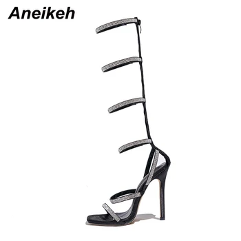 Aneikeh Vara Noi De Sandale Pentru Femei 2023 Fashion Square Toe Toc Subțire De Mare Strasuri Marginita Banda Elastica Alunecare-Pe Genunchi, Pantofi 3