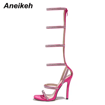 Aneikeh Vara Noi De Sandale Pentru Femei 2023 Fashion Square Toe Toc Subțire De Mare Strasuri Marginita Banda Elastica Alunecare-Pe Genunchi, Pantofi 4