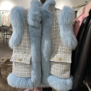 Anglia Stil Tweed, Lână Vesta de Blana Pentru Femei 2021 Toamna Iarna Femei Slim Lux Autentic Blană de Vulpe Vesta Gilet ZO19
