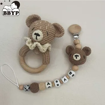 Baby Rattle Croșetat Urs Adult Zornaitoare Cu Clopotei Suzeta Lant Nou-Născut Montessori Jucărie De Învățământ Inele Din Lemn Jucarii Pentru Copii 0