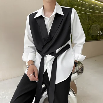 Barbati Negru Alb Lipitură De Moda Liber Casual, Camasi Cu Maneca Lunga Japonia, Coreeană Streetwear Trend Chic Dress Shirt Etapă De Îmbrăcăminte