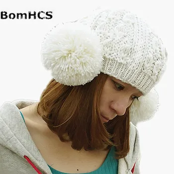 BomHCS Femei de Moda de Iarnă Caldă Handmade Tricotate Pălărie Beanie cu Două Bile Partea