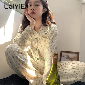 CAIYIER Floare de Imprimare Femei Set de Pijama cu Maneca Lunga Casual Pijamale Drăguț coreeană Cadou de Petrecere, Pijamale Fete Cardigan Homewear