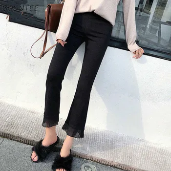 Casual Pantaloni Flare Femei 3XL Negru Solid, Elegant, Office Lady Ulzzang Elegante Femei Designer Slim All-meci Nou Stil coreean
