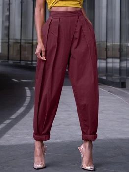 Celmia 2022 Femei Umflat Harem Pantaloni Casual Liber De Înaltă Talie Cutat Pantaloni Lungi De Moda 2022 Vara Solidă Buzunare Pantalons 1