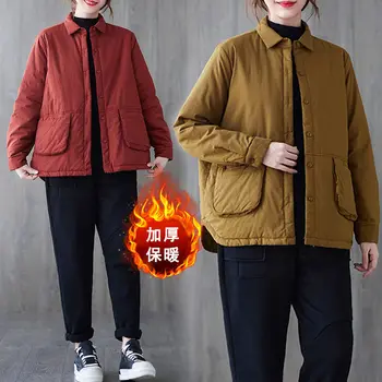 Chineză Stil Retro Bumbac Căptușit Jacheta de Camasa Literare Femei cu Maneci Lungi Rever Lumina Calda de Vata de munca Haina de Iarna Chaqueta M1943