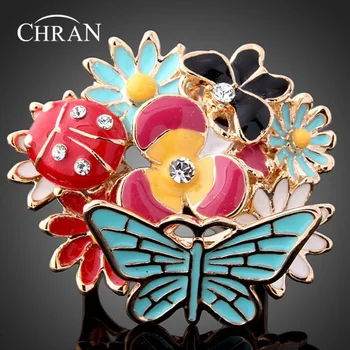CHRAN Elegant Email Floare Fluture Inele pentru Femei de Moda de Culoare de Aur de Cristal Inele Rave Accesorii Bijuterii
