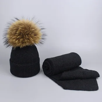 Copii și Adulți tricotate din Lână Eșarfă și Pălărie Set de Iarna Cald Croșetat eșarfe cu blana naturala pompom Beanie Hat pentru băieți și fete
