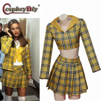 Cosplaydiy Film Clueless Cher Cosplay Costum Horowitz Rochie Uniformă Școlară Galben Carouri Tinuta Fata Crop Top Costum Fusta Tinuta