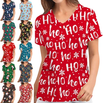 Crăciun Nursing Scrubs T-Shirt, Bluze Casual Short Sleeve V-neck Pocket pentru Femei Halate Uniforme Femei care Alapteaza Îmbrăcăminte S-2xl