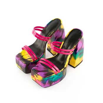 Culori amestecate Femei Vara Sandale Platforma Pantofi Pene Aluneca Pe 14Cm Pantofi cu Toc Camuflaj Piele de Brevet Sexy Sandale Noi