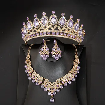 De lux Roz Violet Cristal de Mireasa Seturi de Bijuterii pentru Femei Coroana Cercei Coliere Colier de Mireasa Diademe Mireasa Dubai Seturi de Bijuterii