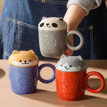 Desene animate drăguț Panda Arici Pisică Câine Cana Cu Capac si Inel de Mâner Ceramice Personalizate Animal Cani Pentru Cafea Ceai Lapte Cadou Amuzant